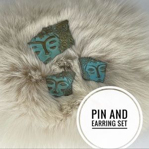 Vintage JJ JONETTE JEWELRY face goddess deco style stud earrings & brooch